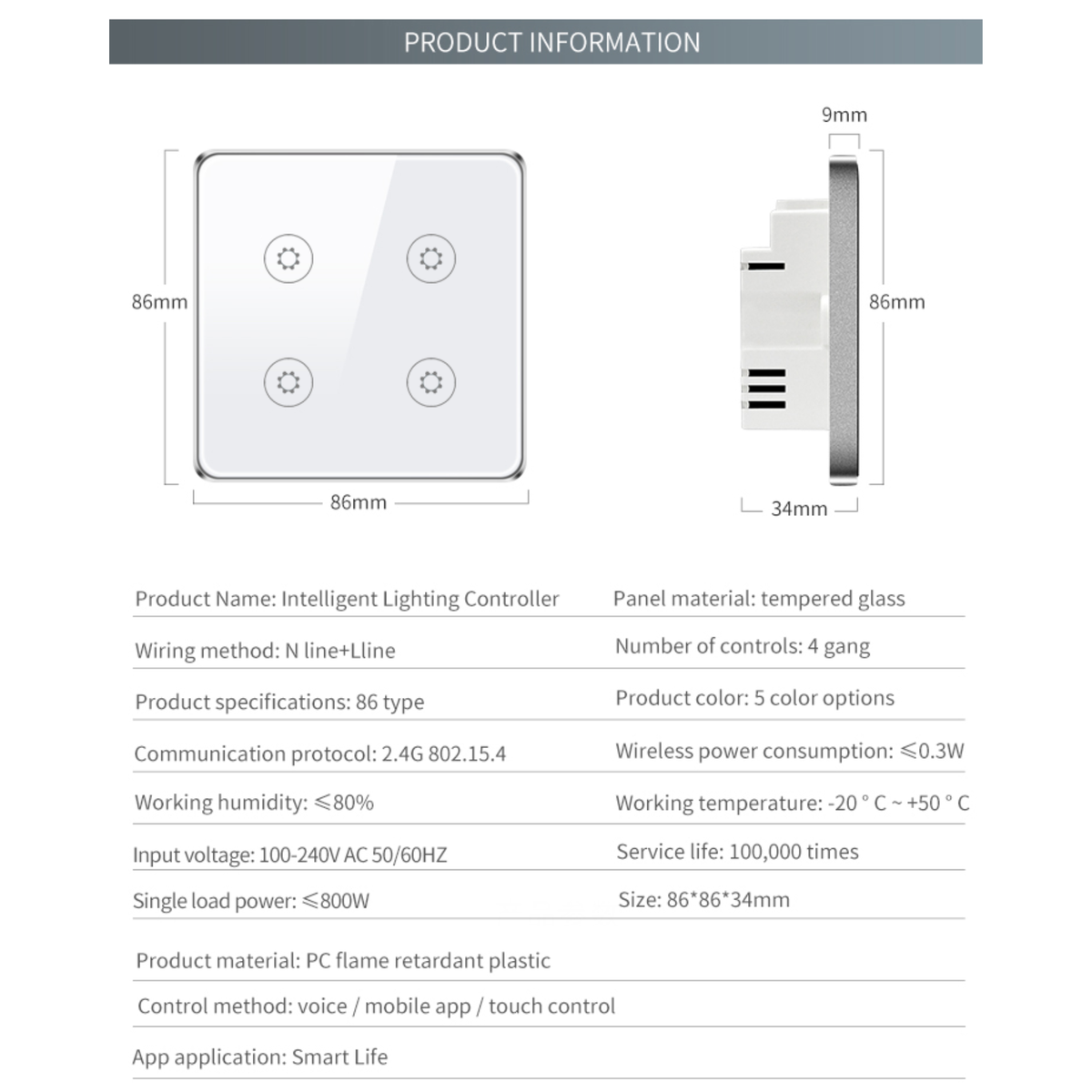 Touch-sensitive switch with power monitoring, child lock, adjustable switch lighting, and Wi-Fi enabled by Tuya 