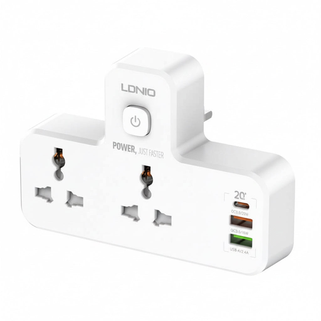 کێبڵی کارەبایی دوو جێگەی کارەبا و سێ دەرچەی USB لەگەڵ ڕووناکی دەستلێدان