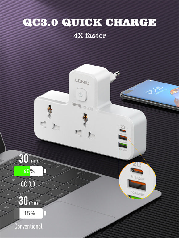 کێبڵی کارەبایی دوو جێگەی کارەبا و سێ دەرچەی USB لەگەڵ ڕووناکی دەستلێدان