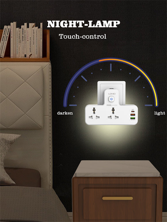 Power splitter with 2 electrical outlets and 3 USB ports with touch lighting 