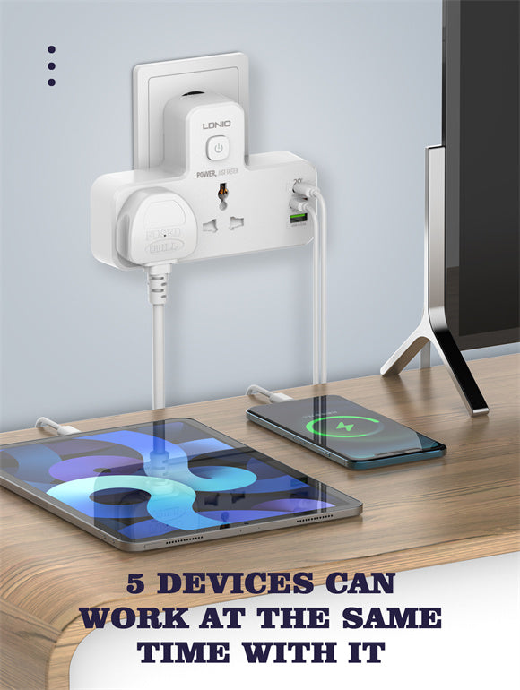 Power splitter with 2 electrical outlets and 3 USB ports with touch lighting 