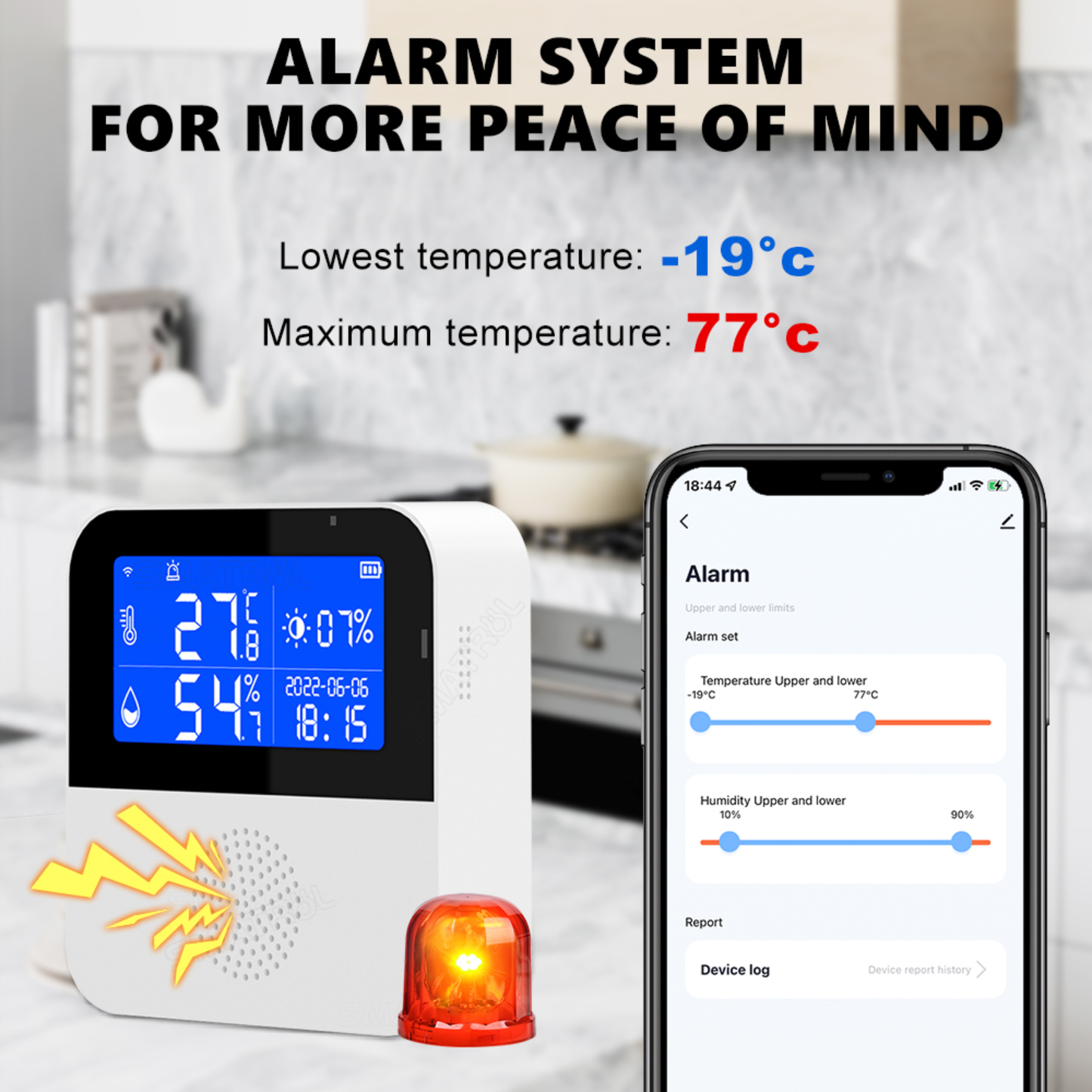 جهاز قياس درجة الحرارة والرطوبة الذكي مع مسبار خارجي + إنذار صوتي