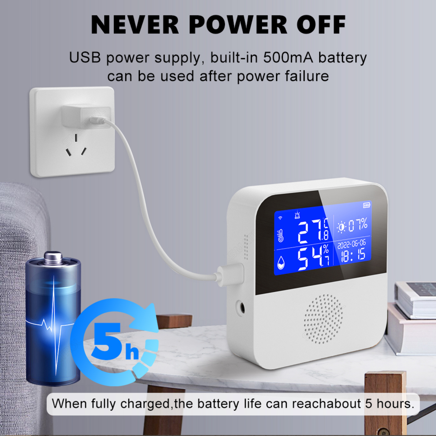 جهاز قياس درجة الحرارة والرطوبة الذكي مع مسبار خارجي + إنذار صوتي