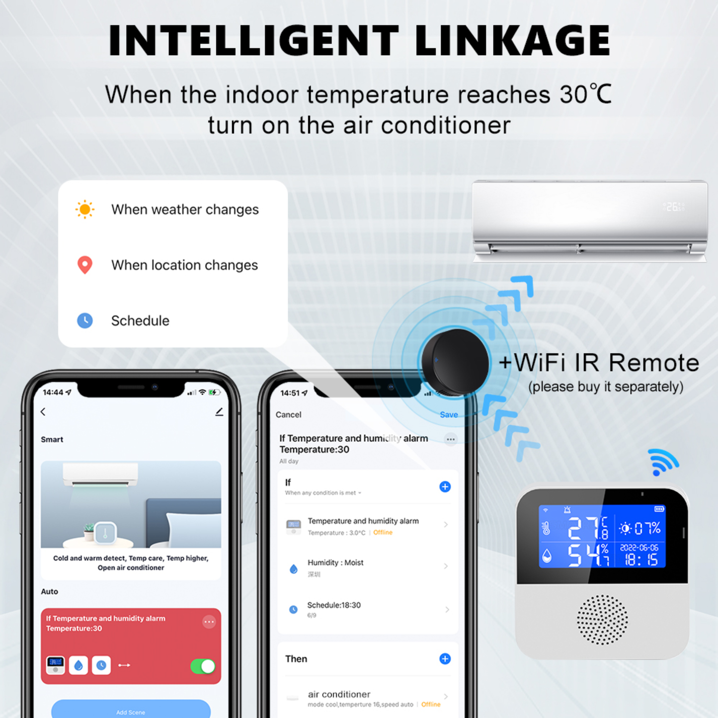 جهاز قياس درجة الحرارة والرطوبة الذكي مع مسبار خارجي + إنذار صوتي