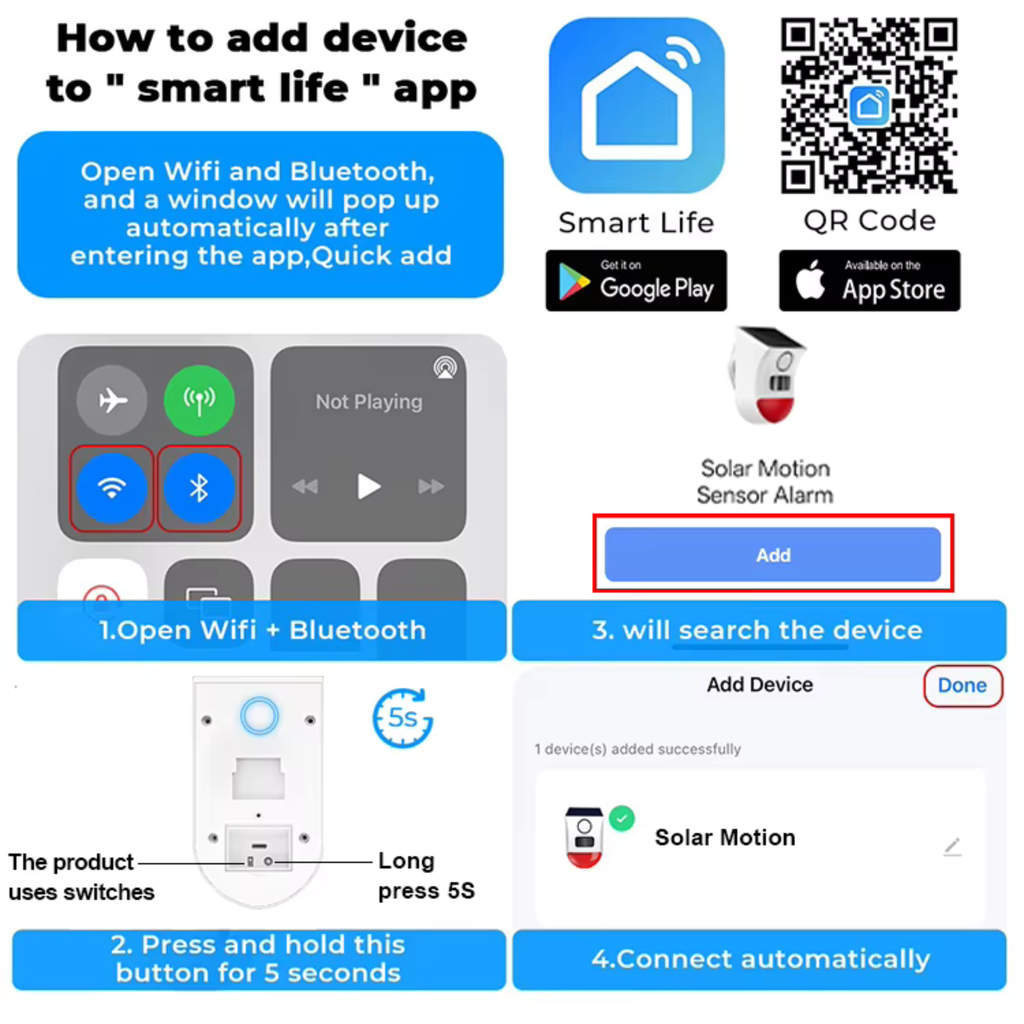 Smart outdoor motion sensor, weatherproof, battery-powered and solar-charged, Tuya Wi-Fi system 