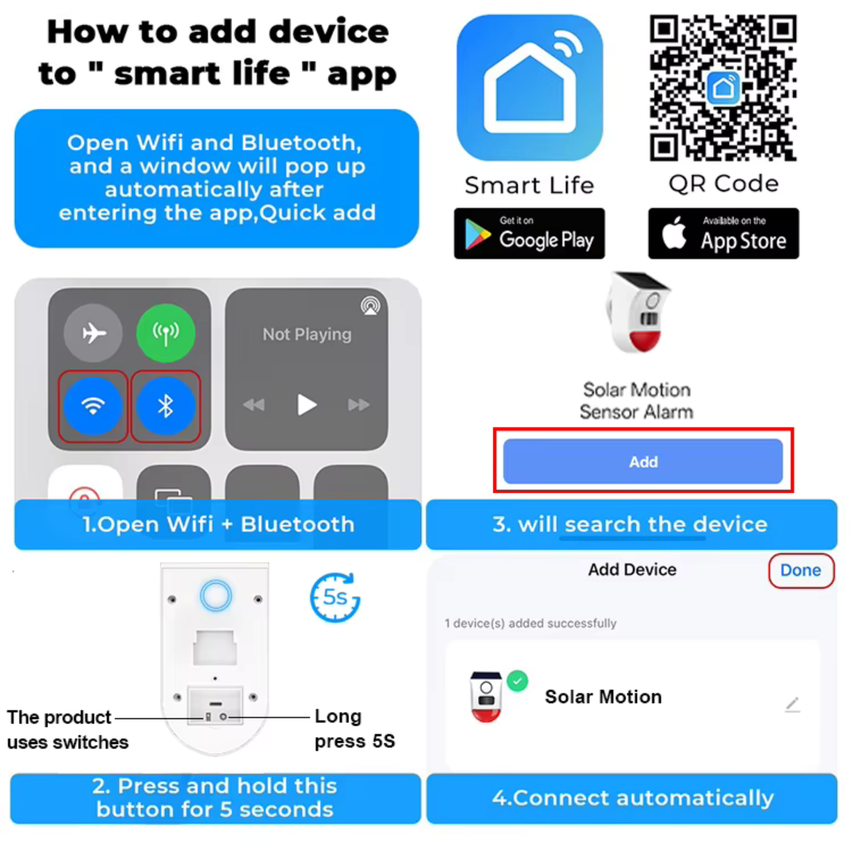 Smart outdoor motion sensor, weatherproof, battery-powered and solar-charged, Tuya Wi-Fi system 