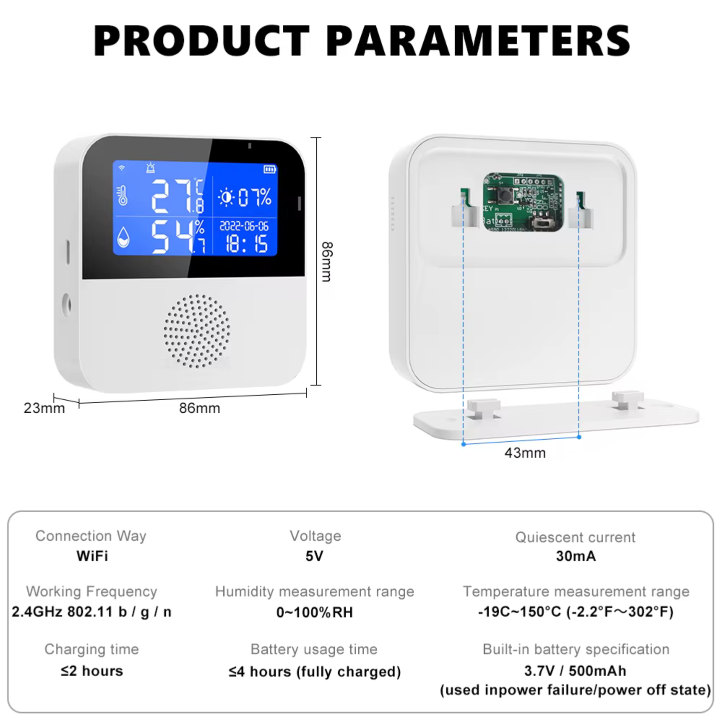 جهاز قياس درجة الحرارة والرطوبة الذكي مع مسبار خارجي + إنذار صوتي