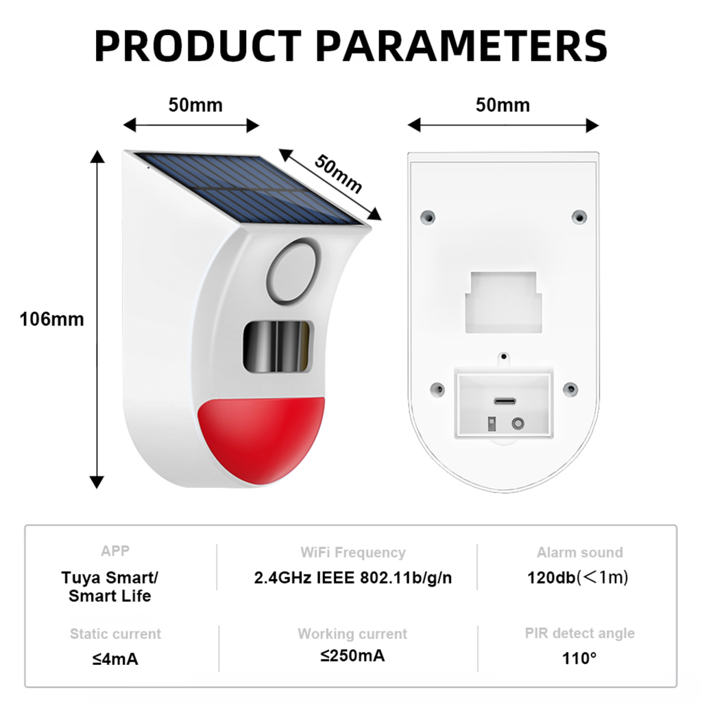 Smart outdoor motion sensor, weatherproof, battery-powered and solar-charged, Tuya Wi-Fi system 