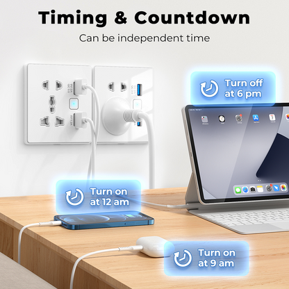 سوج بلك جداري ذكي WiFi + USB مزدوج 13A بنظام Tuya – متوافق مع Alexa وGoogle – تحكم فردي ومؤقت وزمن تنازلي