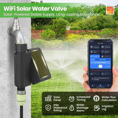 صمّام مياه ذكي يعمل بالواي فاي 2.4G مع مؤقت ري شمسي وقابل لإعادة الشحن عبر Type-C – تحكم عبر التطبيق لري الحدائق والمروج ونظام التنقيط