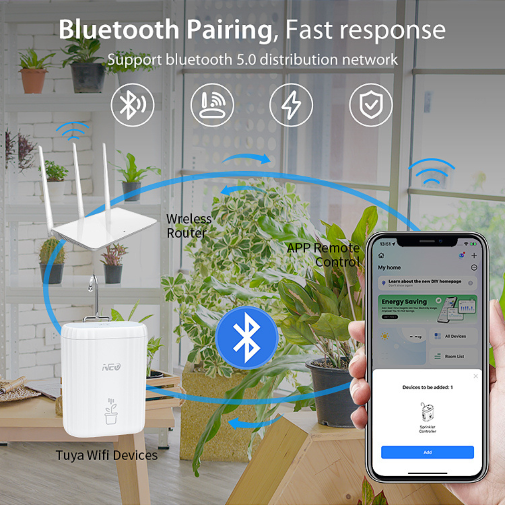 جهاز الري الذكي بالتنقيط WiFi+BLE مزود ببطارية مدمجة ودعم تطبيق Tuya – لنظام الري الآلي للنباتات حتى 10 أوعية