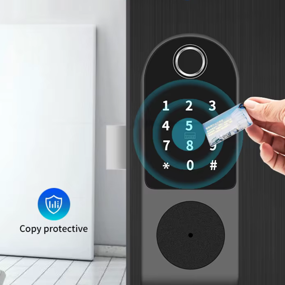 Smart exterior door lock with dual fingerprint entry (entry and exit), password and card, and Tuya Wi-Fi system. 