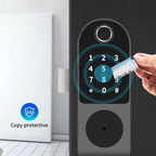 Smart exterior door lock with dual fingerprint entry (entry and exit), password and card, and Tuya Wi-Fi system. 