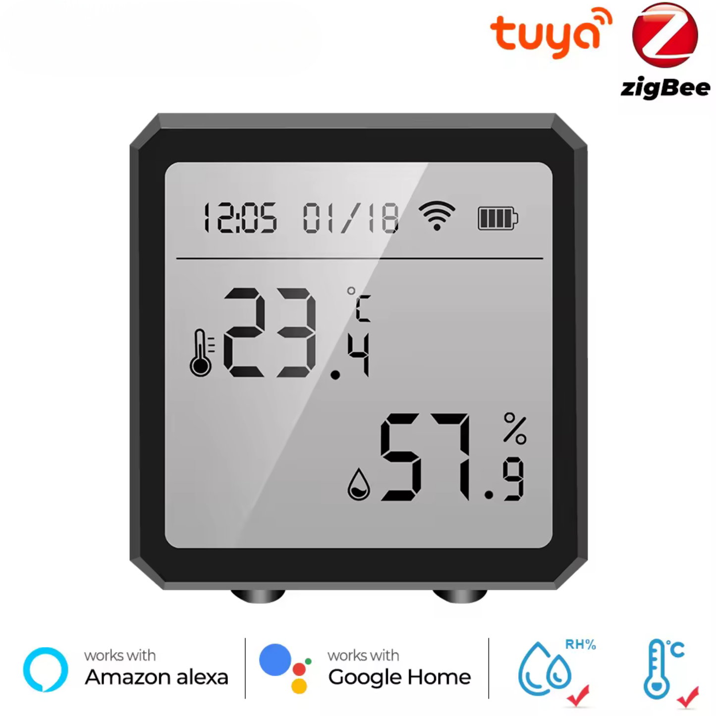 حساس حرارة ورطوبة داخلي ذكي ZigBee 3.0 مع شاشة LCD + تنبيهات + أتمتة (Tuya)