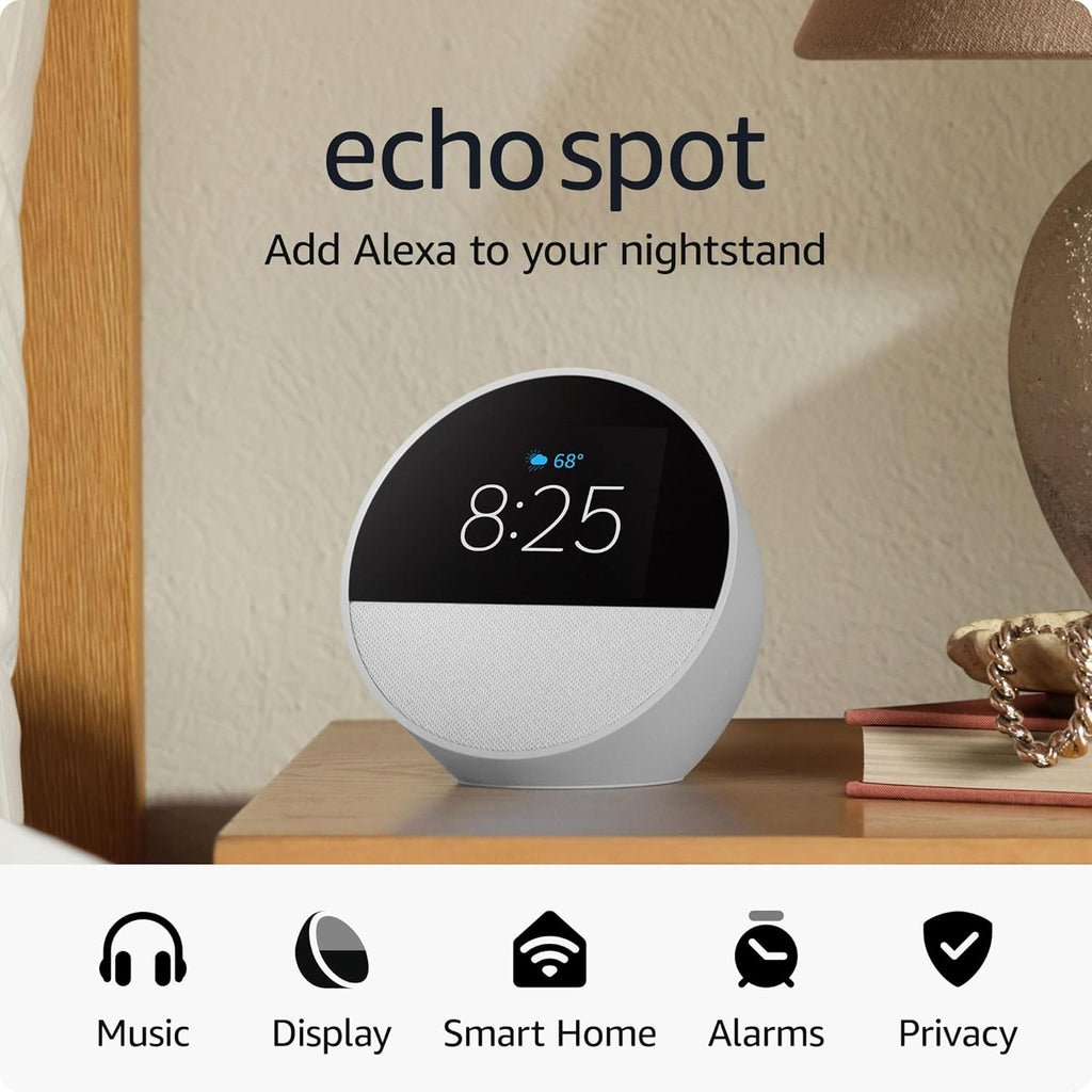 ئامێری Amazon Echo Spot 2024 - کاتژمێری هۆشمەندی ئەلێکسای زیرەک بە شاشەیەکی پێشکەوتوو و دەنگێکی ڕوون.