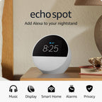 ئامێری Amazon Echo Spot 2024 - کاتژمێری هۆشمەندی ئەلێکسای زیرەک بە شاشەیەکی پێشکەوتوو و دەنگێکی ڕوون.