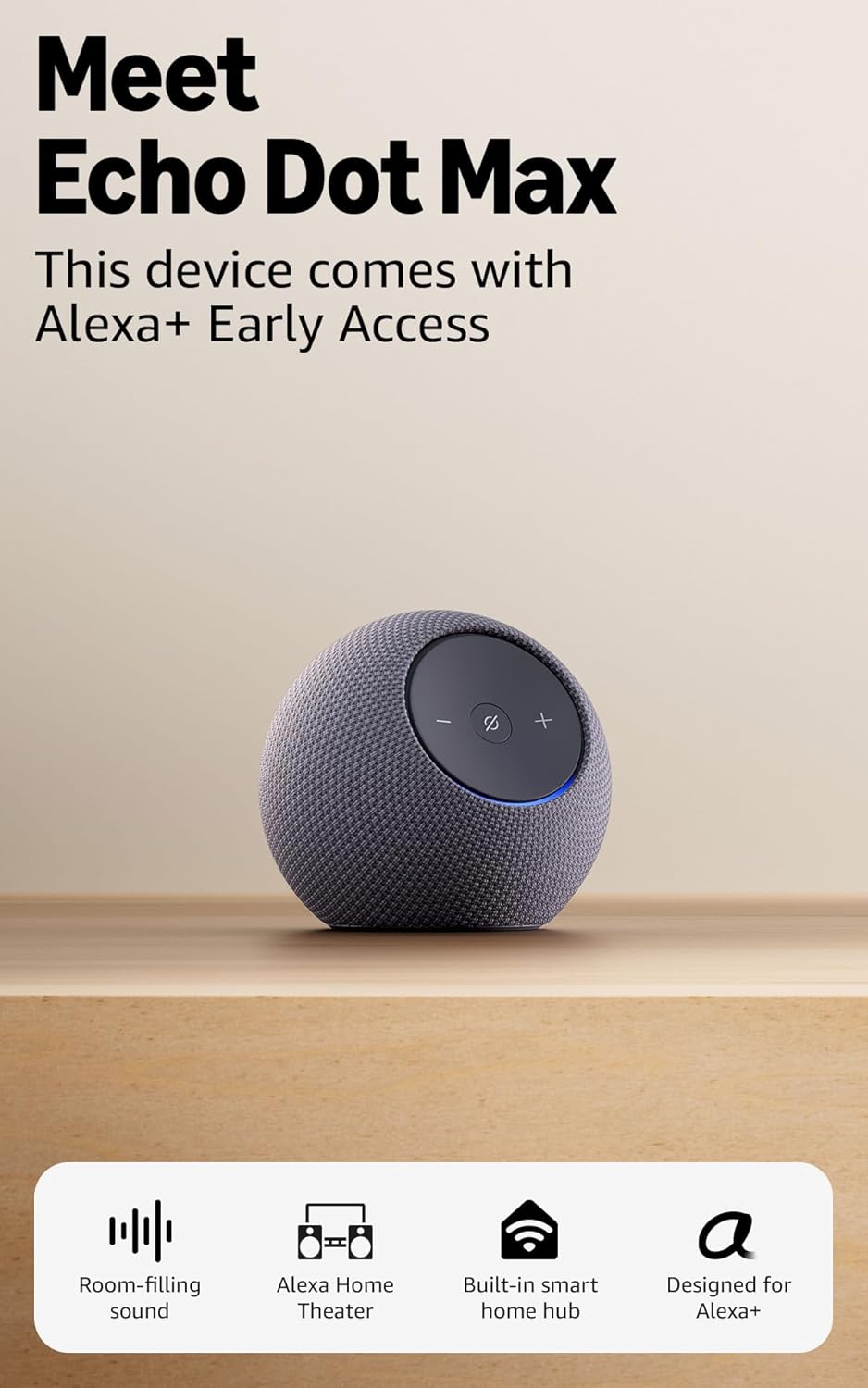Echo Dot Max (2025) – سپیکەری ماڵی زیرەکی Wi-Fi 6E + بلوتوث لەگەڵ هابێکی ناوەکی