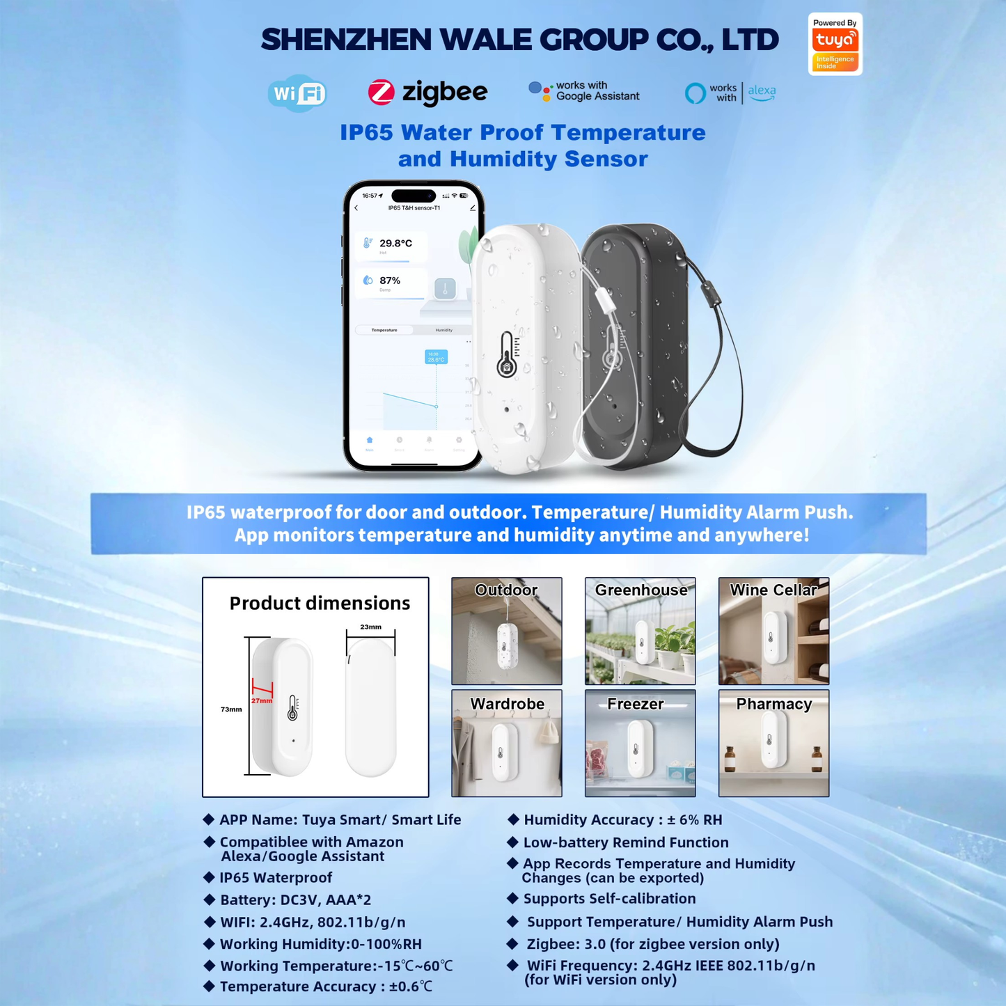 Zigbee 3.0 Smart Temperature and Humidity Sensor with IP65 Rating for Indoor and Outdoor Use 