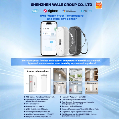 Zigbee 3.0 Smart Temperature and Humidity Sensor with IP65 Rating for Indoor and Outdoor Use 