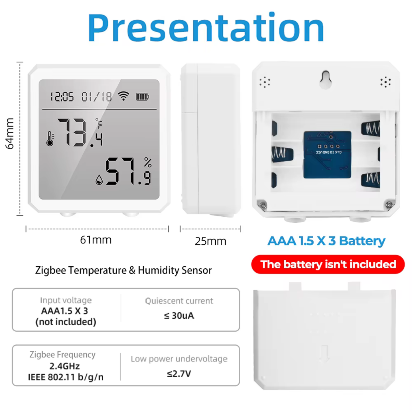 حساس حرارة ورطوبة داخلي ذكي ZigBee 3.0 مع شاشة LCD + تنبيهات + أتمتة (Tuya)