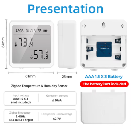 حساس حرارة ورطوبة داخلي ذكي ZigBee 3.0 مع شاشة LCD + تنبيهات + أتمتة (Tuya)