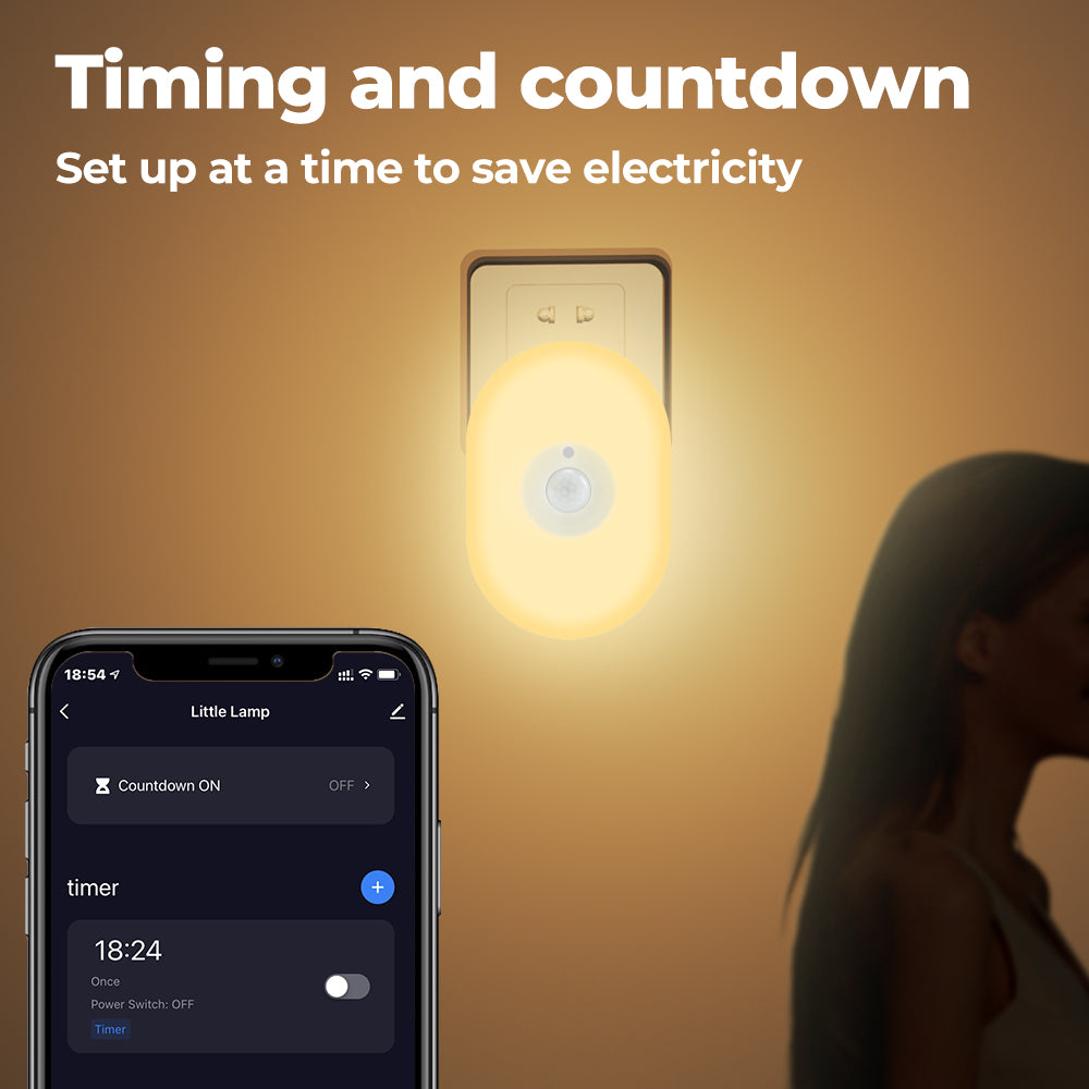 Smart color-changing WiFi night light with motion sensor and voice control – works with Tuya, Alexa, and Google.