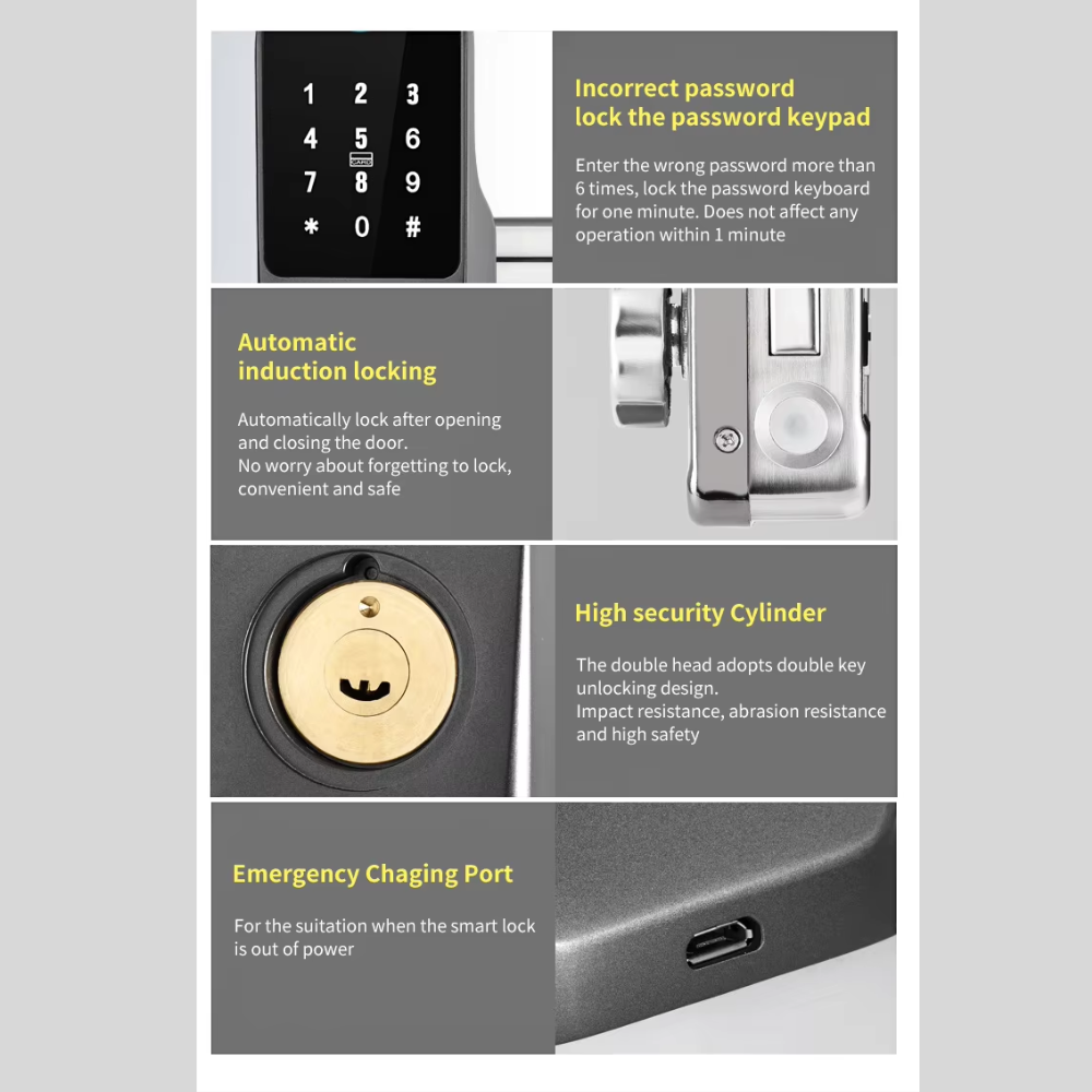 Smart exterior door lock with dual fingerprint entry (entry and exit), password and card, and Tuya Wi-Fi system. 
