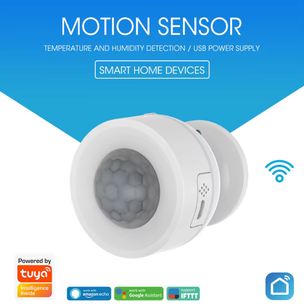 هەستەوەرێکی زیرەکی جووڵە، پلەی گەرمی و شێ (WIFI) (بە دوو پاتری CR123A یان USB) کاردەکات بە سیستەمی تویا یان سمارت لایف