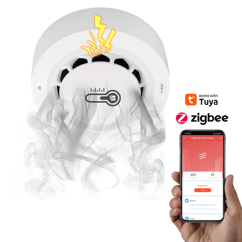 کاشفی زیرەکی ئاگری Zigbee – هەستەوەری دووکەڵ + گەرما + شێ (٣ لە ١) – ئاگادارکەرەوەی ٨٠ دیسیبڵ – کۆنتڕۆڵکردن لە ڕێگەی ئەپی Tuya/Smart Life