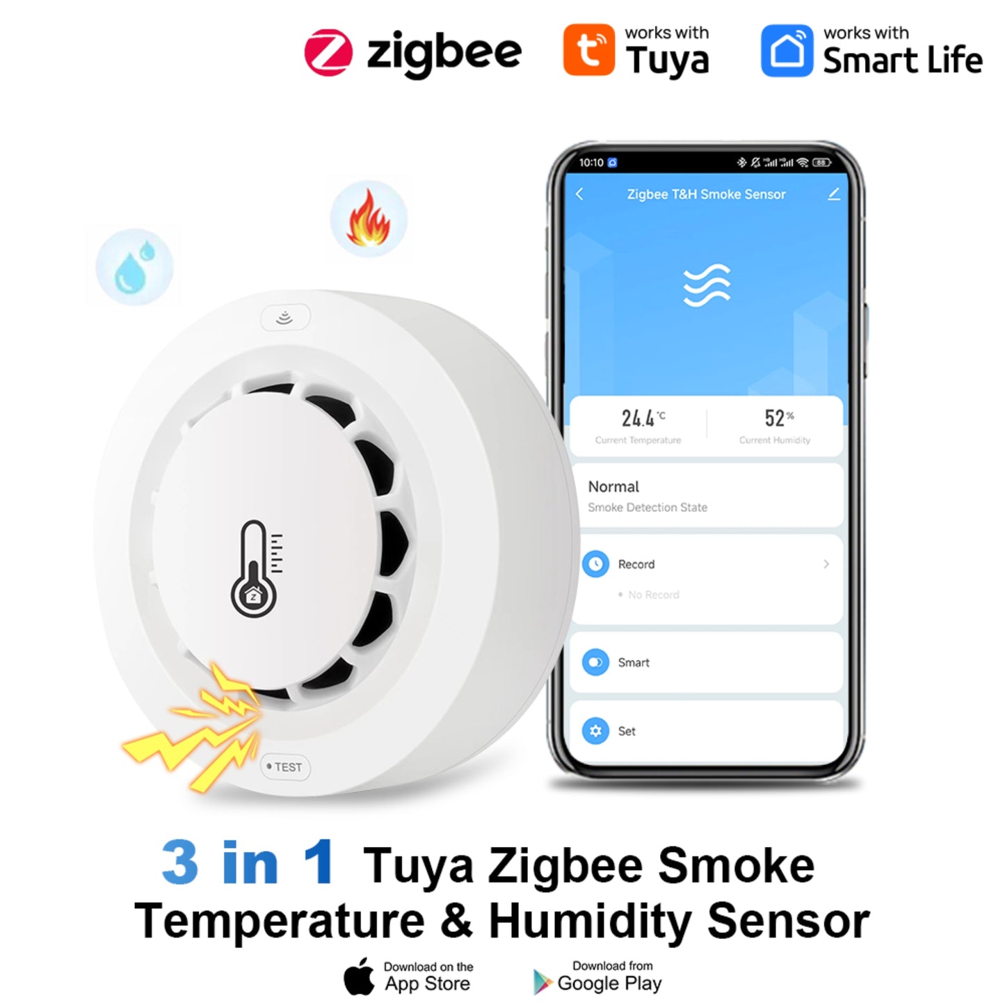 Zigbee Smart Fire Detector – Smoke + Heat + Humidity Sensor (3-in-1) – 80dB Alarm – Controlled via Tuya/Smart Life App 