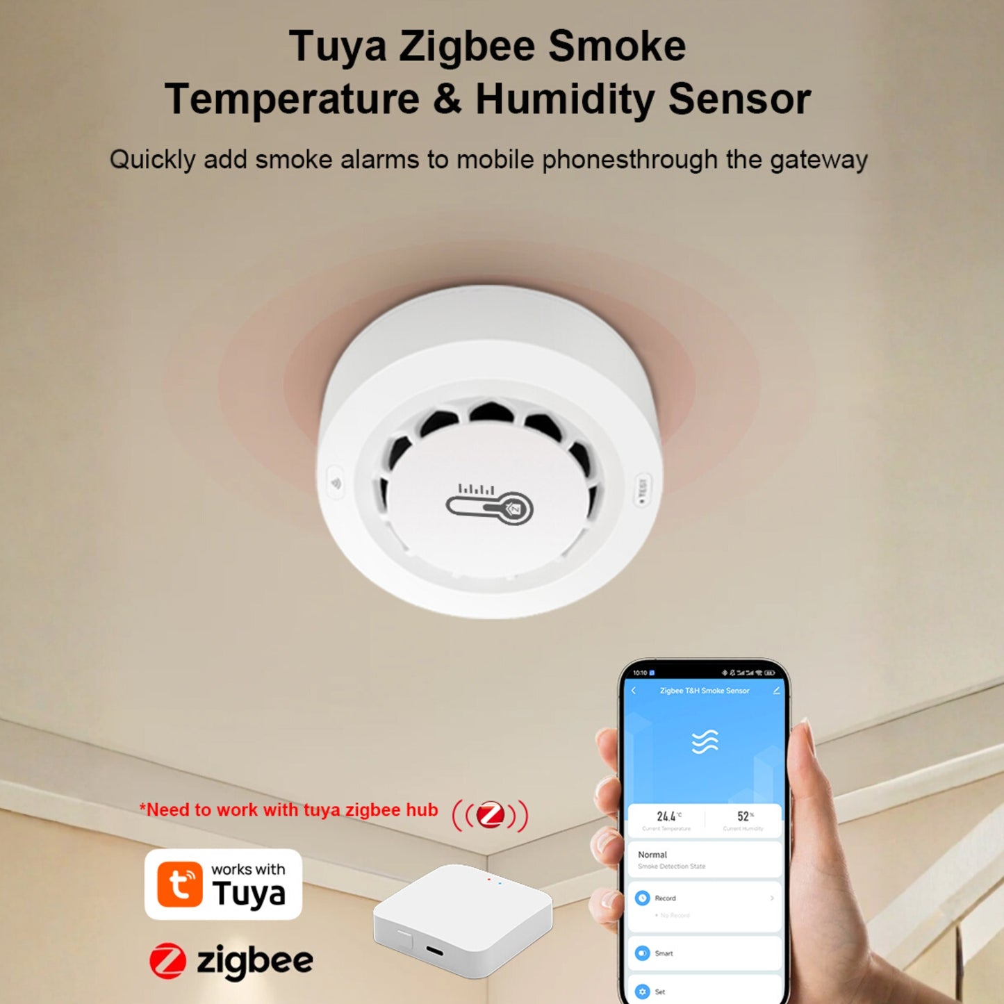 Zigbee Smart Fire Detector – Smoke + Heat + Humidity Sensor (3-in-1) – 80dB Alarm – Controlled via Tuya/Smart Life App 