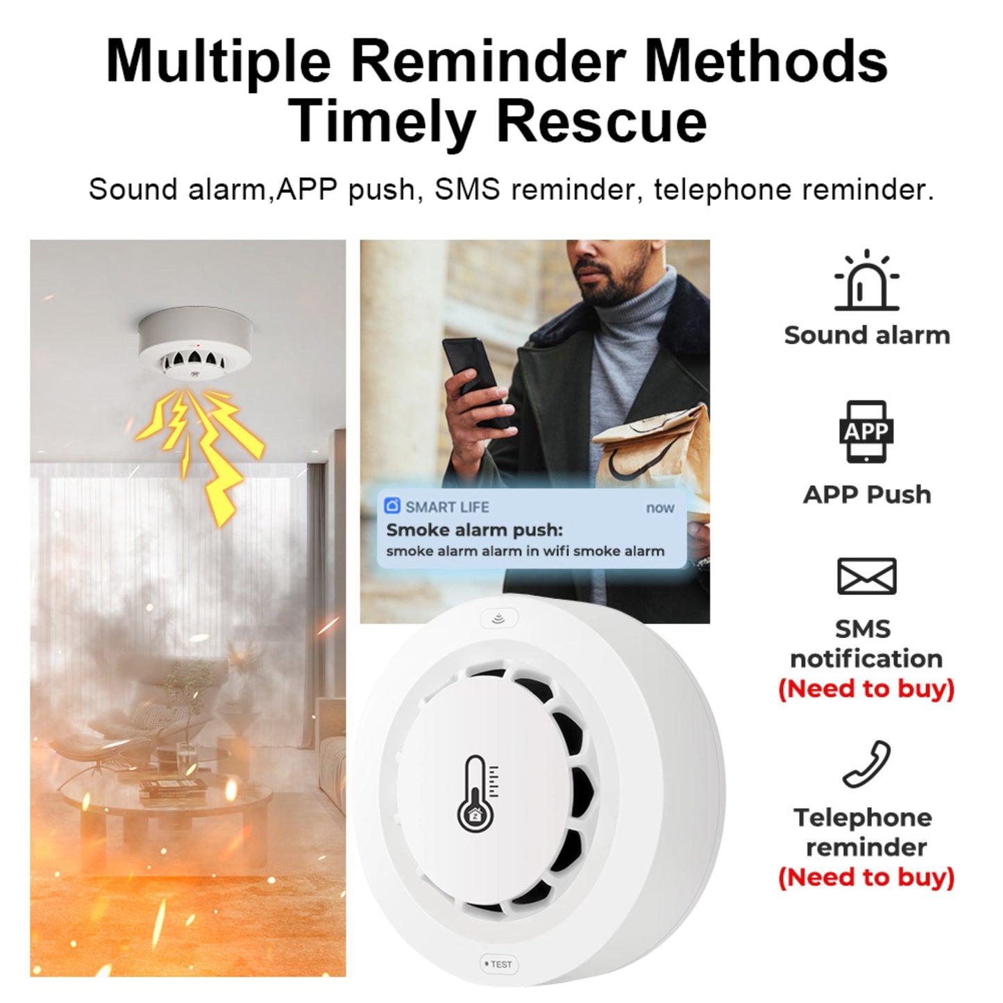 Zigbee Smart Fire Detector – Smoke + Heat + Humidity Sensor (3-in-1) – 80dB Alarm – Controlled via Tuya/Smart Life App 