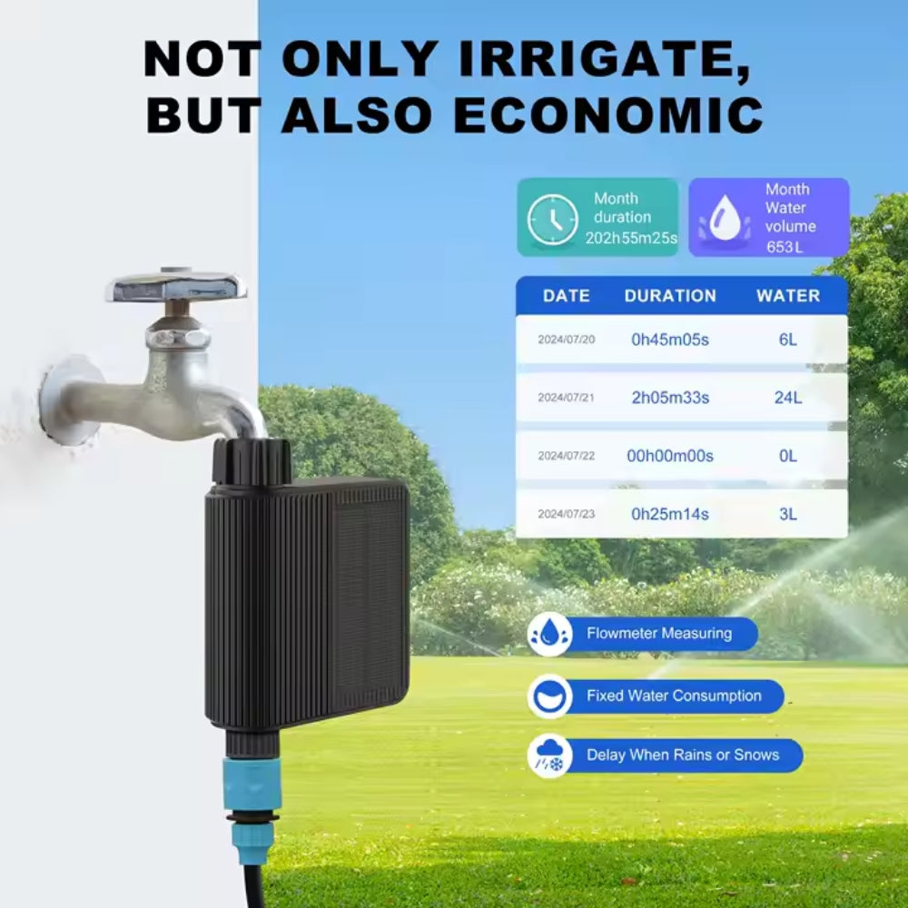 Smart water valve with 2.4G Wi-Fi, solar irrigation timer, and Type-C rechargeable battery – app control for garden, lawn, and drip irrigation systems 