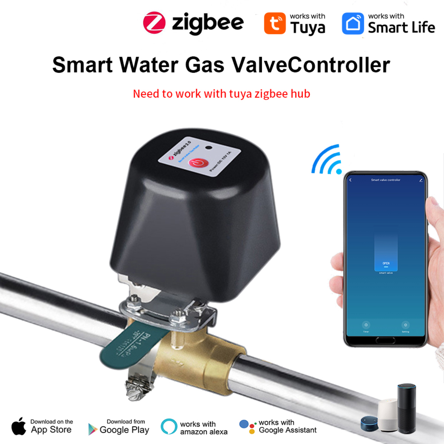 Tuya's smart valve for controlling gas and water systems, featuring advanced home protection technology. 