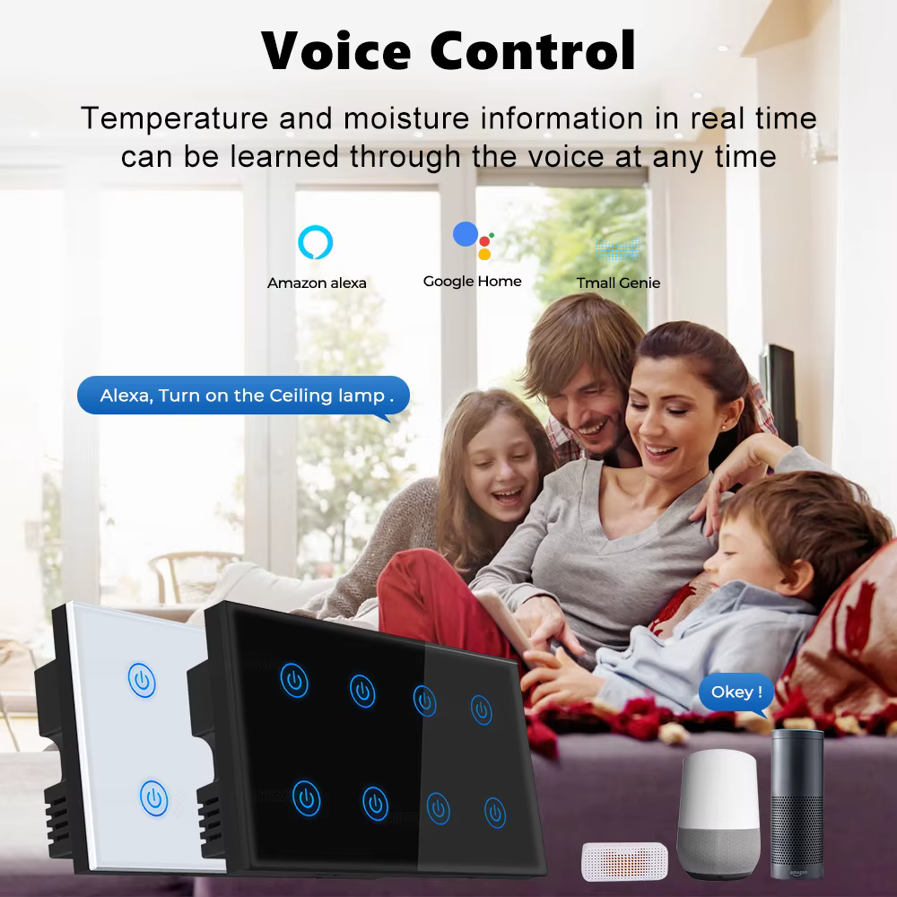 مفتاح جداري ذكي WiFi/Bluetooth بـ8 مفاتيح لمراقبة الطاقة والتحكم الصوتي – يعمل مع Tuya وAlexa وGoogle Home
