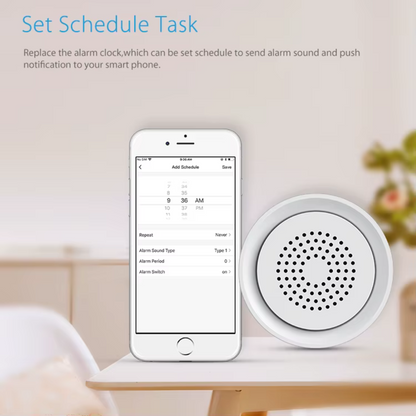 صفارة إنذار Wi-Fi ذكية بالصوت والضوء مع حساس حرارة ورطوبة مدمج وتحكم عن بُعد عبر تطبيق Tuya / Smart Life