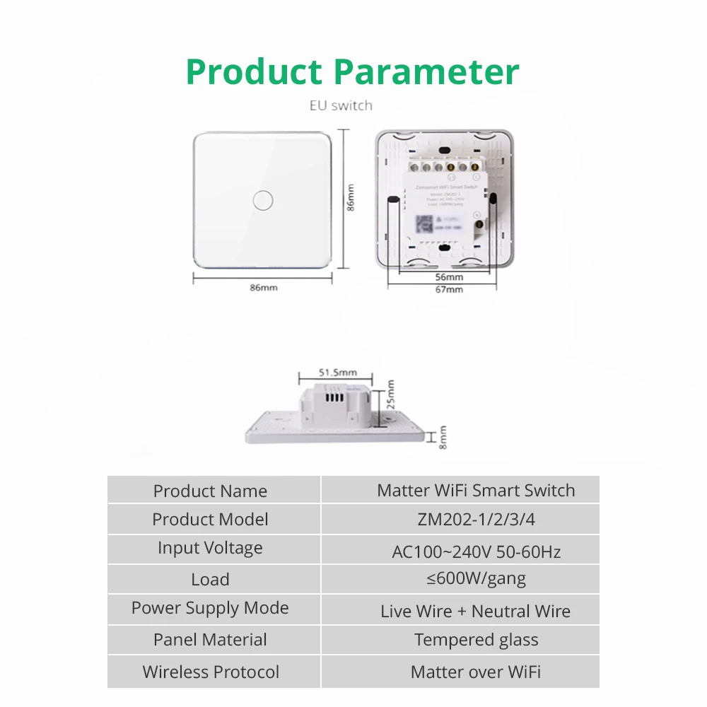 Smart WiFi Touch Switch with Matter Support - Button 1/2/3/4 - Compatible with Apple Home SmartThings and Google Home