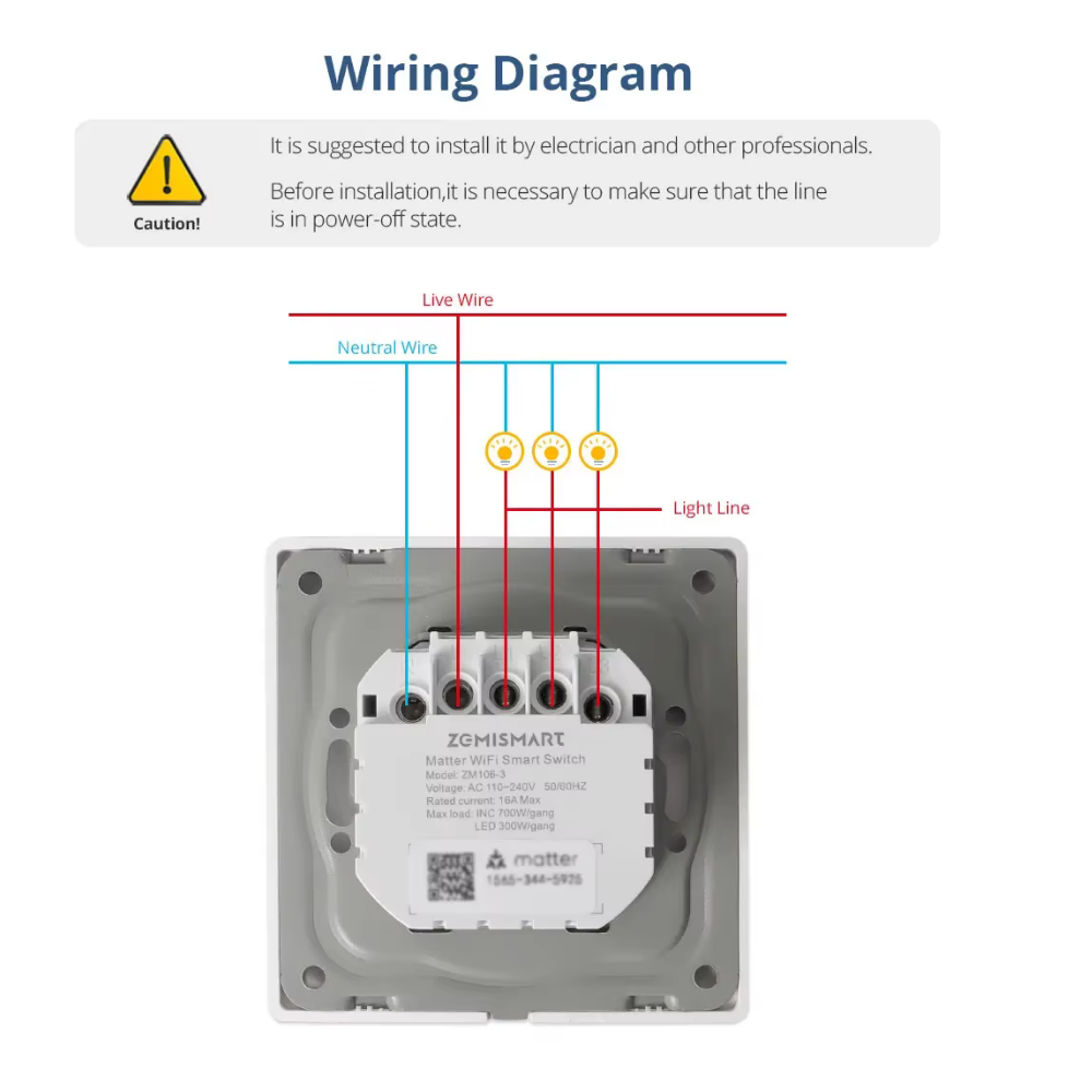 Zemismart Matter-powered WiFi Smart Wall Switch – European specifications, 1/2/3 buttons, with push button and app control