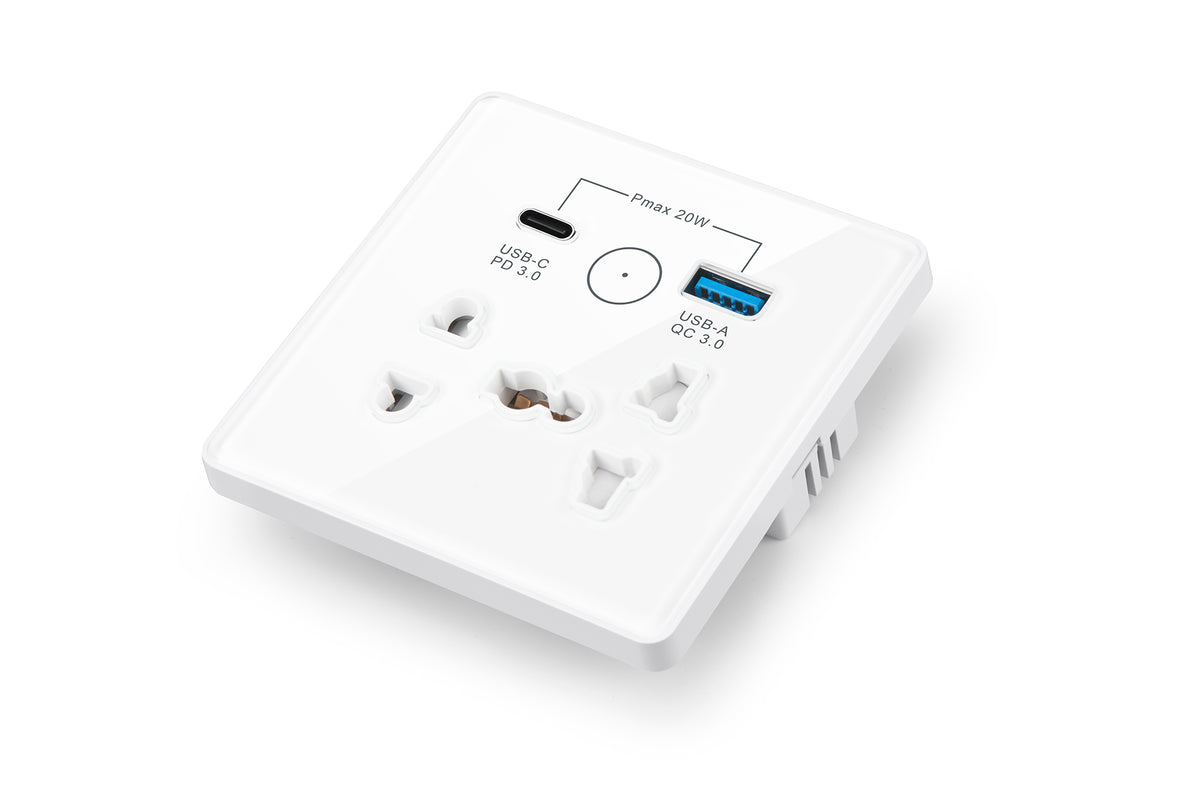 سۆکێتێکی زیرەکی فرەکار (Zigbee) بە دوو دەرچەی بارگاوییکردنەوە و پشتگیریی کۆنترۆڵکردنی دوورمەودا لە ڕێگەی ئەپی تویا (Tuya)