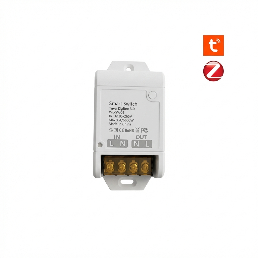 مفتاح ريليه ذكي Tuya ZIGBEE 30A – هێزی 6600 وات، ڤۆڵتیەی 85-250V، کۆنتڕۆڵکردنی دوورمەودا لە ڕێگەی ئەپی Smart Life، پشتگیری کاتژمێر (تایمەر) دەکات و لەگەڵ ئەلیکسا و گوگڵ هۆم کاردەکات