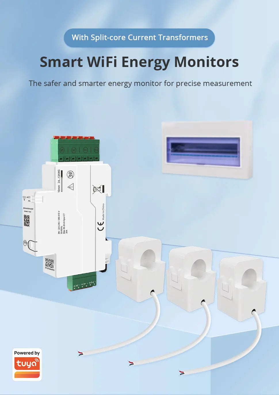 Zemismart WiFi 3-Phase Smart Energy Meter – Up to 120A – With 3 Clamps – Tuya Compatible – Measurement, Monitoring, Alarm Alerts – Supports 110V to 240V.