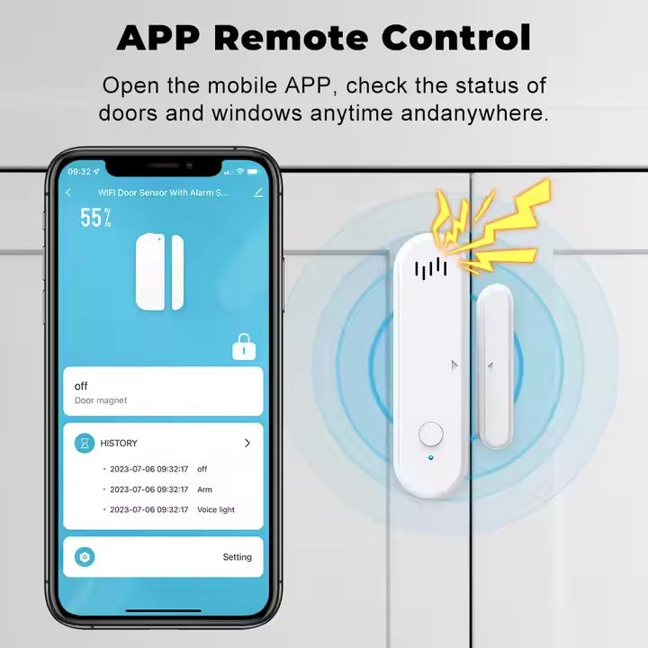 مستشعر فتح الأبواب والنوافذ الذكي مزود بانذار صوتي وضوء تحذيري تحكم عن بعد عن طريق تطبيق تويا