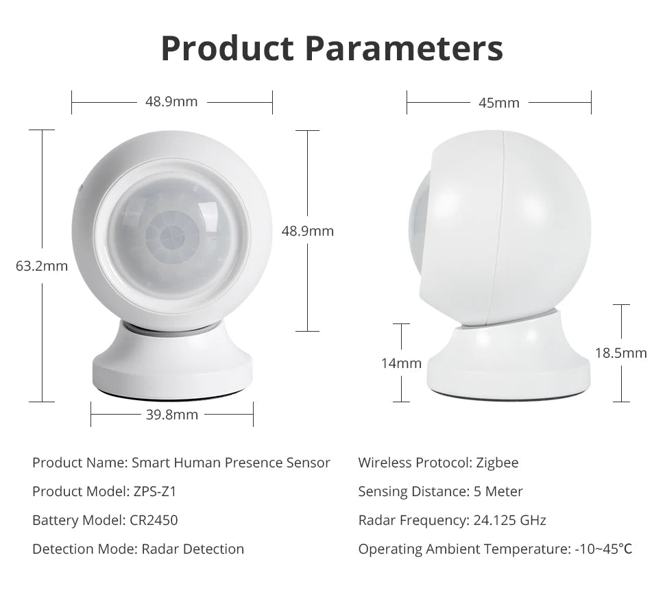 Zemismart Zigbee Human Presence Body Sensor Radar Detector Work with Tuya Smart App Battery Powered Smart Home Products