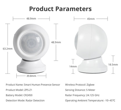Zemismart Zigbee Human Presence Body Sensor Radar Detector Work with Tuya Smart App Battery Powered Smart Home Products
