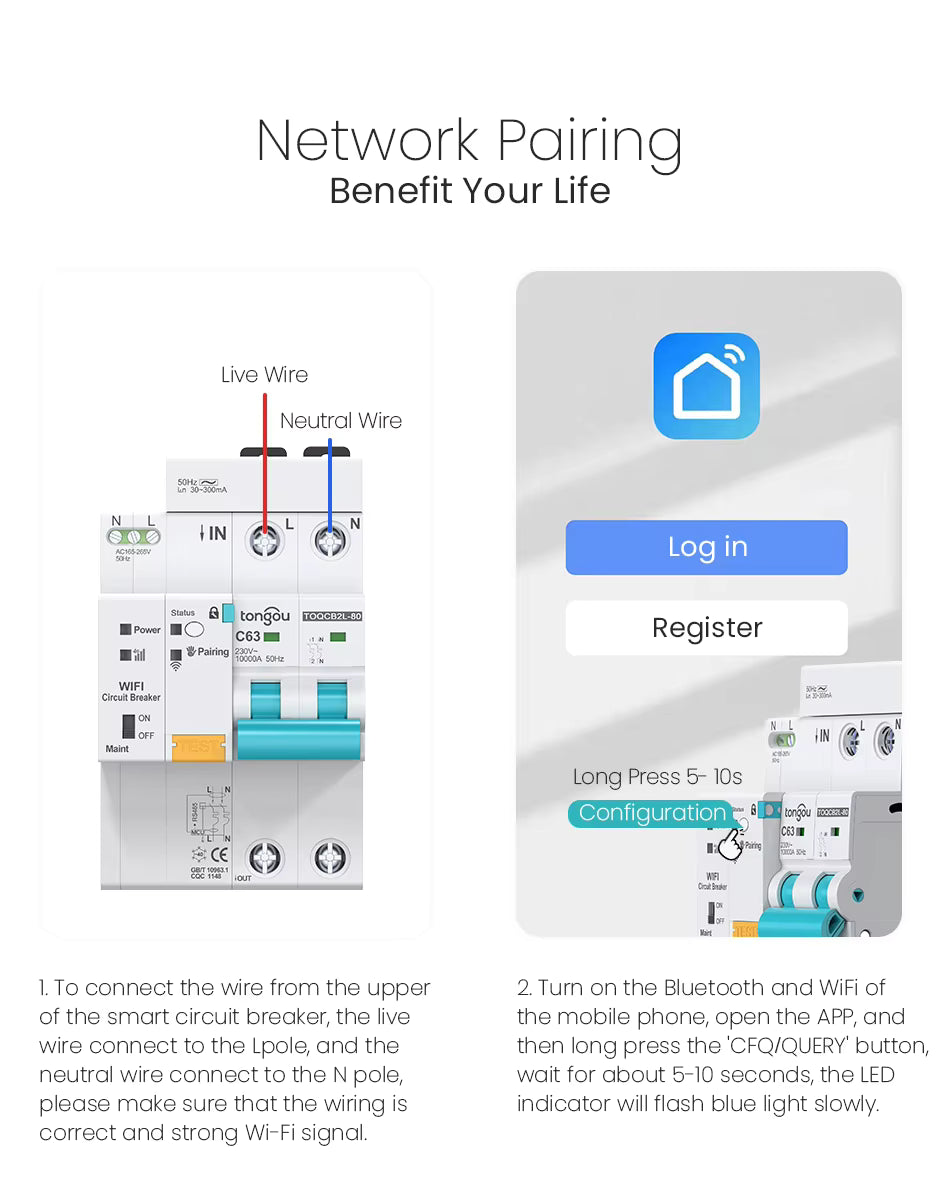 موه‌لیده‌ی پاراستنی زیره‌کی 2P (RCBO) له‌گه‌ڵ Wi-Fi – گونجاو له‌گه‌ڵ Tuya / Smart Life