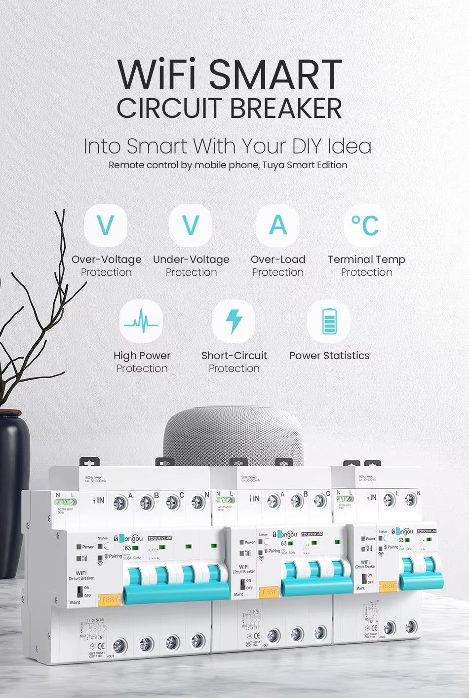 موه‌لیده‌ی پاراستنی زیره‌کی 2P (RCBO) له‌گه‌ڵ Wi-Fi – گونجاو له‌گه‌ڵ Tuya / Smart Life
