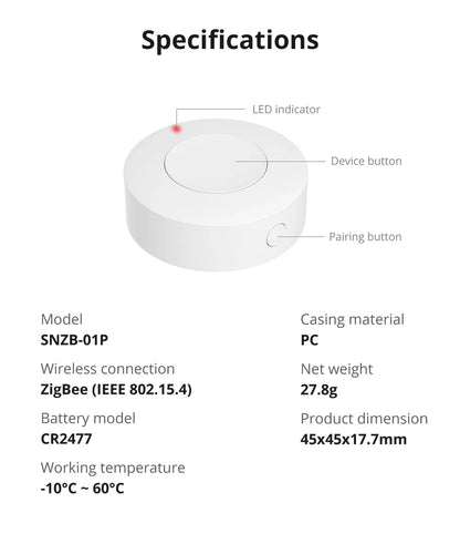 SONOFF SNZB-01P — مفتاح لاسلكي ZigBee بزر واحد للتحكم الذكي (يدعم Alexa عبر الهَب)