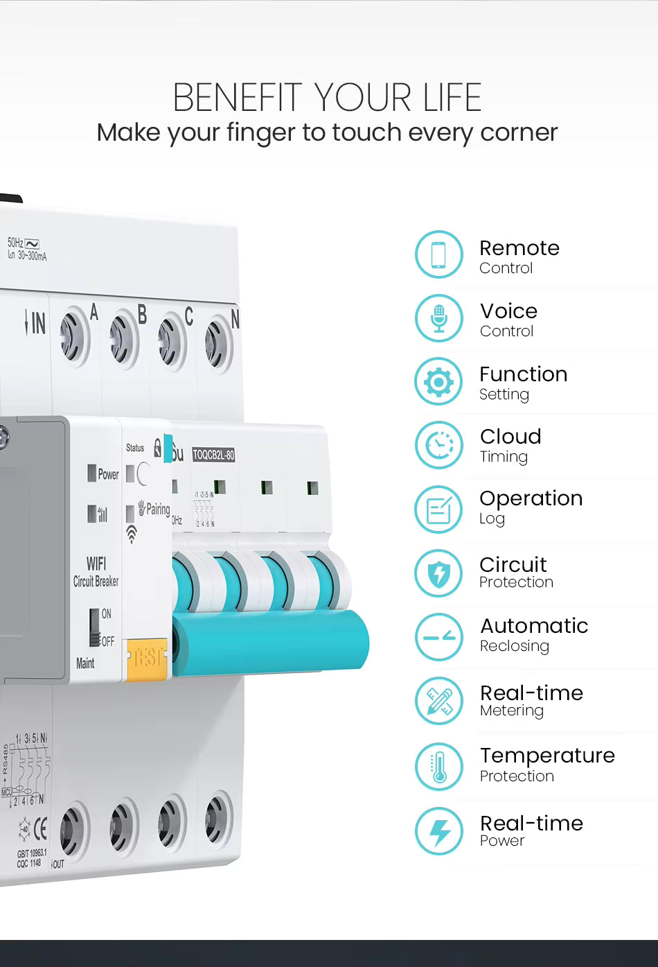 موه‌لیده‌ی پاراستنی زیره‌کی 2P (RCBO) له‌گه‌ڵ Wi-Fi – گونجاو له‌گه‌ڵ Tuya / Smart Life