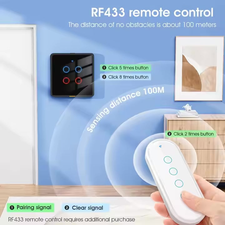 کلیلێکی زیرەکی دیواری تاک، WiFi + RF433 | ڕووکەش شووشەیی لێسەیی دژە شێ