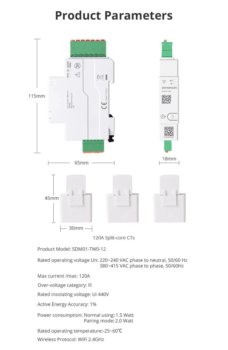 Zemismart WiFi 3-Phase Smart Energy Meter – Up to 120A – With 3 Clamps – Tuya Compatible – Measurement, Monitoring, Alarm Alerts – Supports 110V to 240V.